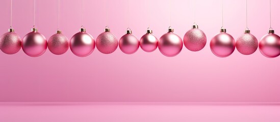 Poster - Copy space image of Christmas tree balls on a pink background with a designated area for your text