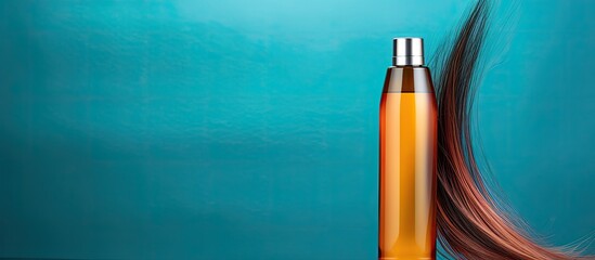 Poster - Copy space image of a shampoo bottle and a single strand of hair against a colorful background allowing room for text