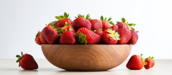 Poster - A copy space image of fresh organic strawberries displayed in a wooden bowl resting on top of a white table