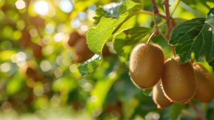 Wall Mural - Ripe kiwi fruit on organic farm tree stalk, green leaves background.