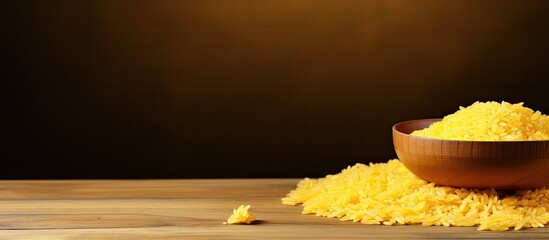 Aufkleber - A copy space image of golden rice on a wooden plate placed against a wooden background