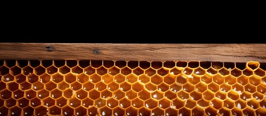Poster - A close up image of a honeycomb on a wooden background with ample copy space