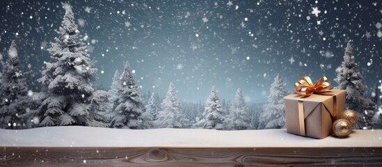 Poster - A snowy fir tree and gift box enhance the Christmas wooden background providing a pleasing view for copy space image