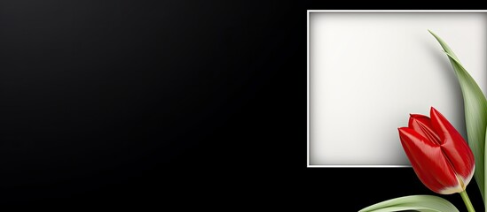 Poster - Abstract copy space image of a blank photo frame with a white tulip set against a black background