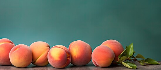 Poster - Color background displaying several ripe peaches copy space image