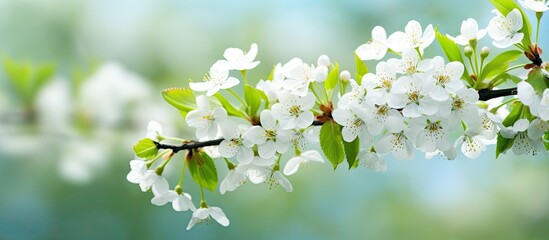 Leinwandbilder - In spring cherry flowers bloom with lush green leaves creating a beautiful macro shot with ample space for text