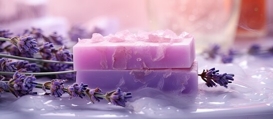 Poster - Lavender infused soap with a soothing aroma. Creative banner. Copyspace image