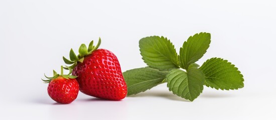 Poster - A ripe strawberry with mint leaves and red pepper presented as a copy space image stands alone against a white background