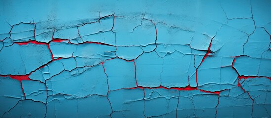Aufkleber - Close up of a wall with a blue paint texture and prominent red cracks providing a visually appealing copy space image