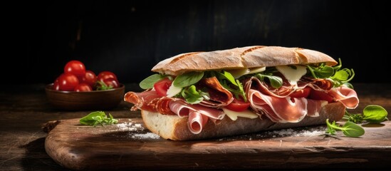Aufkleber - Delicious prosciutto and basil sandwich displayed on a rustic wooden board with ample copy space for an enticing image