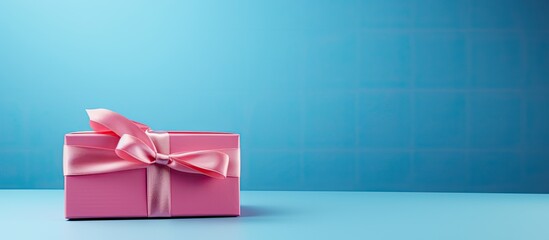 Aufkleber - A gift box with a pink satin ribbon is placed on a blue background creating a visually pleasing image that leaves room for text. Creative banner. Copyspace image