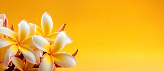 Sticker - Frangipani flower on a yellow background perfect for adding messages quotes or information Great copy space image