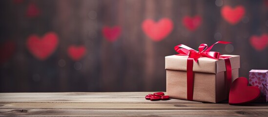 Poster - A vintage themed Valentine s Day background featuring hearts a red gift box and a wooden board with ample copy space image