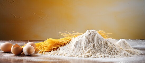 Poster - A copy space image of uncooked pasta noodles in the form of nests alongside flour and seasonings placed on a table