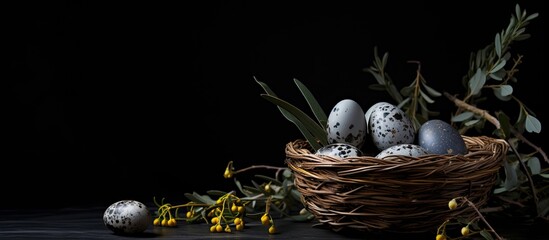 Sticker - A dark background showcases Easter quail eggs and willow branches in a compelling copy space image