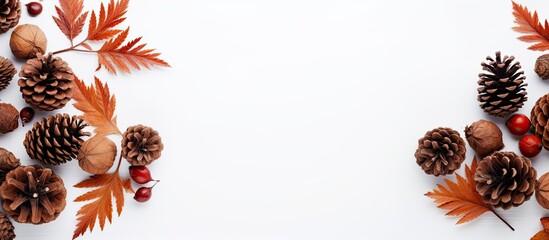 Aufkleber - A white background with fir cones oak leaves and copy space Top view flat lay