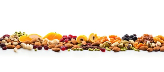 Poster - A white background with copy space showcases a variety of sunflower seeds nuts fruits and dried fruits