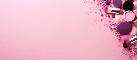 Poster - A copy space image showcasing professional cosmetics for makeup on a pink background viewed from the top