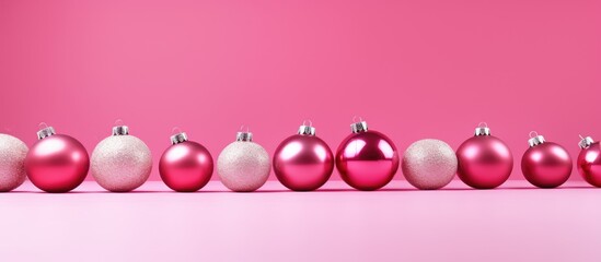 Poster - Copy space image of Christmas tree balls on a pink background with a designated area for your text