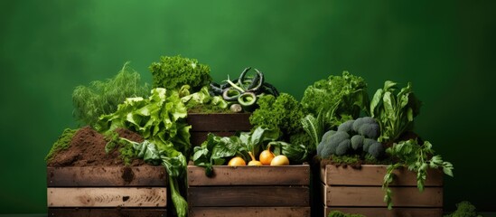 Wall Mural - Wooden boxes filled with compost soil and compostable vegetables are placed on an isolated green background creating a copy space image