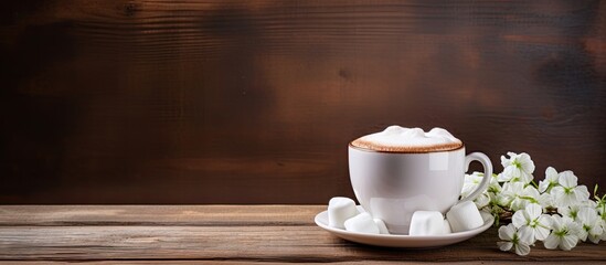 Aufkleber - Copy space image of a steaming cup of cocoa adorned with fluffy marshmallows placed against a softly hued wooden backdrop
