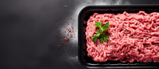 Aufkleber - Top view of fresh minced meat in a plastic box packaging tray on a gray stone background The flat lay image includes copy space for text