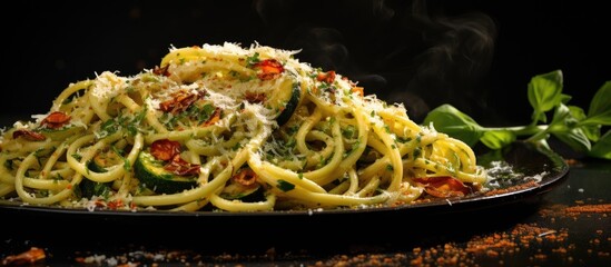 Poster - Italian style spaghetti alla Nerano with a copy space image banner showcasing the delicious fried zucchini pasta