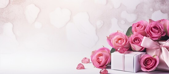 Wall Mural - A white marble background with pink roses gift boxes and a spring holiday theme offers a copy space image