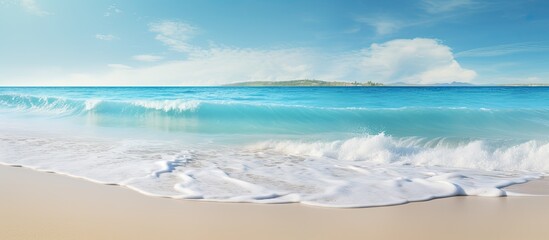 Poster - The sandy beach and tropical sea create a soft wave serving as the backdrop for this beautiful copy space image