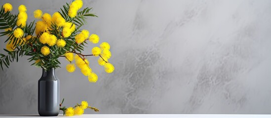 Poster - A stunning yellow mimosa stands out against a serene gray background leaving ample empty space for additional images or text