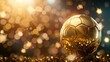 © Johannes - Close-up of golden soccer globe with stars on stadium lights background with space for text. Sport, competition and championship concept. Golden football cup