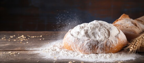 Poster - Homemade bread with flour and grain on a wooden table background providing ample copy space for an image