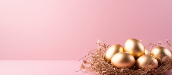 Aufkleber - A nest of golden Easter eggs sits atop a pink background creating a minimal Easter concept that offers copy space for text
