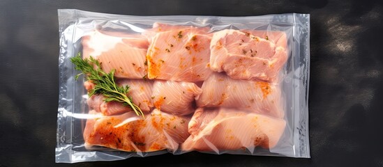 Aufkleber - Top view of a poultry vacuum packed set placed on a gray stone table background Copy space is available for text placement in the image