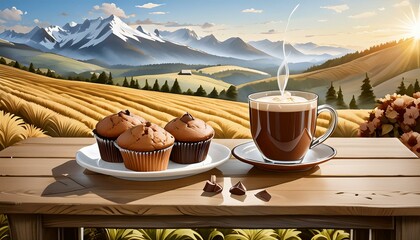 Wall Mural - breakfast with hot chocolate and muffins on a wooden table in the mountains	