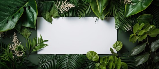 Poster - Top view of a creative layout featuring green leaves and a paper card with ample copy space The composition highlights a natural concept