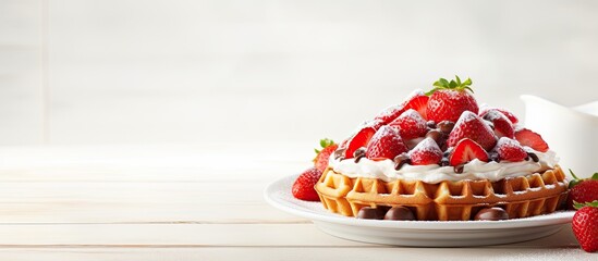 Poster - A concept of breakfast food featuring Belgian waffles topped with strawberries arranged on a white plate Ample copy space available