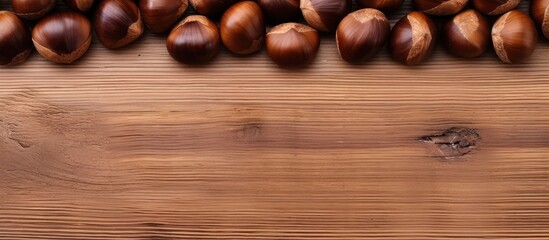 Aufkleber - A top down view of roasted chestnuts on a wooden table with a white background providing ample copy space for other elements