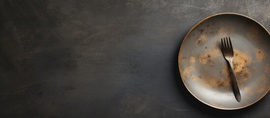 Aufkleber - A round ceramic plate sits alone on a dark textured concrete background It s a simple image with cutlery ready for a meal. Creative banner. Copyspace image
