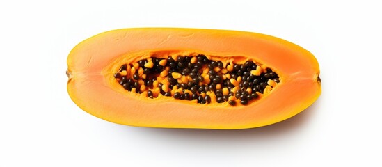 Poster - Top view of a perfectly ripe papaya slice isolated on a white background providing ample copy space for your text Flat lay composition