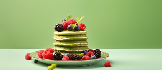 Poster - Colorful background with a plate featuring delicious green pancakes topped with berries perfect for a copy space image