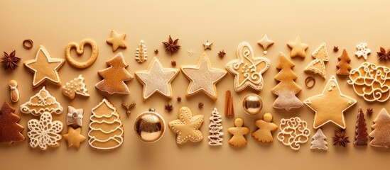 Poster - Christmas cookies and cutters arranged on a beige background with ample copy space for text or graphic elements in the image