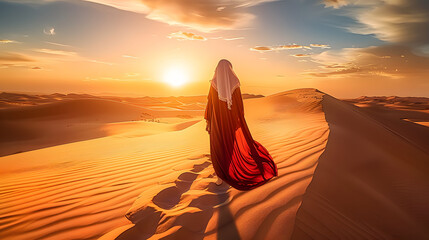 arabian woman walk in the desert sand and dunes at sunset