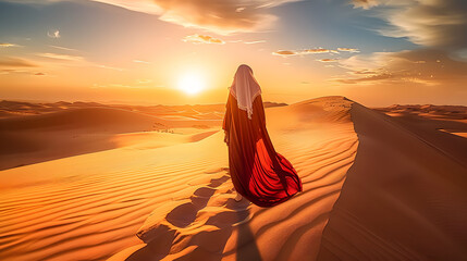 Arabian woman walk in the desert sand and dunes at sunset 