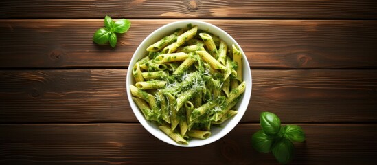 Aufkleber - Top view of penne pasta with pesto sauce on a wooden table providing ample copy space for additional elements or text