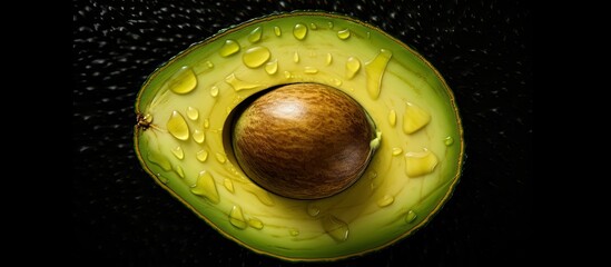 Aufkleber - Top view of a sliced ripe avocado on a black background with ample copy space for text