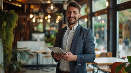 Wall Mural - A young professional standing confidently in a tailored blazer and jeans, holding a tablet while smiling at the camera in a well-lit coworking space.