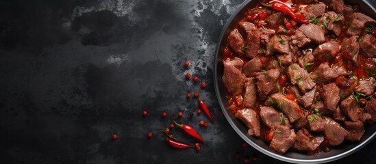 Poster - A top view of a pan with canned stewed horse and beef meat set against a gray background with copy space for additional elements