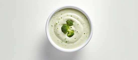 Poster - A top down view of broccoli cream soup on a white surface with ample space available for text or captions to be added
