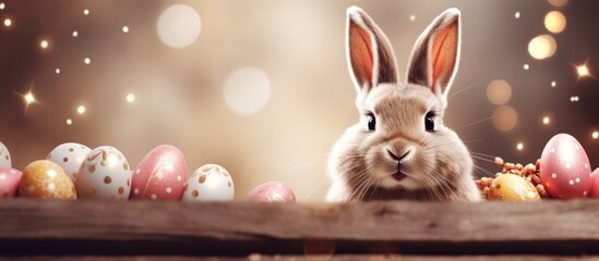 Fototapete - Easter Bunny smiling with chocolate Easter eggs in a wooden box against a silver bokeh background creating a beautiful copy space image